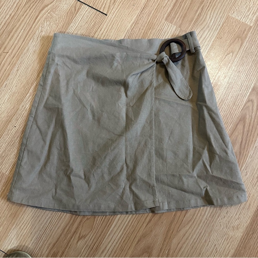 Brown tan mini skirt cotton linen blend  faux wrap size small